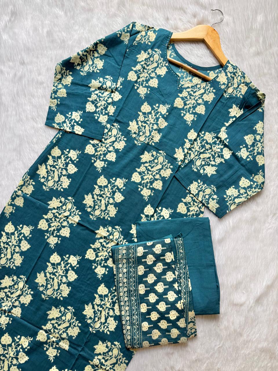 Teal BlueFloral Print Cotton Kurta Set with Pants and Matching Dupatta