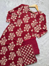 Maroon Floral Print Cotton Kurta Set with Pants and Matching Dupatta