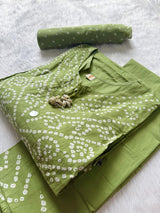 Lime Green Bandhej Print Mul Cotton Kurta Set with Mirror Accent Yoke, Shell Tassels, Pants & Dupatta