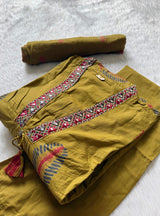 Olive Green Leaf Printed Mul Cotton Kurta Set with Mirror Work Neckline, Pants & Dupatta