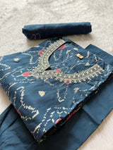 Teal Blue Ikat Print Mul Cotton Kurta Set with Embroidered Neckline, Pants & Dupatta
