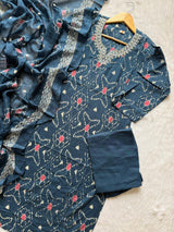 Teal Blue Ikat Print Mul Cotton Kurta Set with Embroidered Neckline, Pants & Dupatta