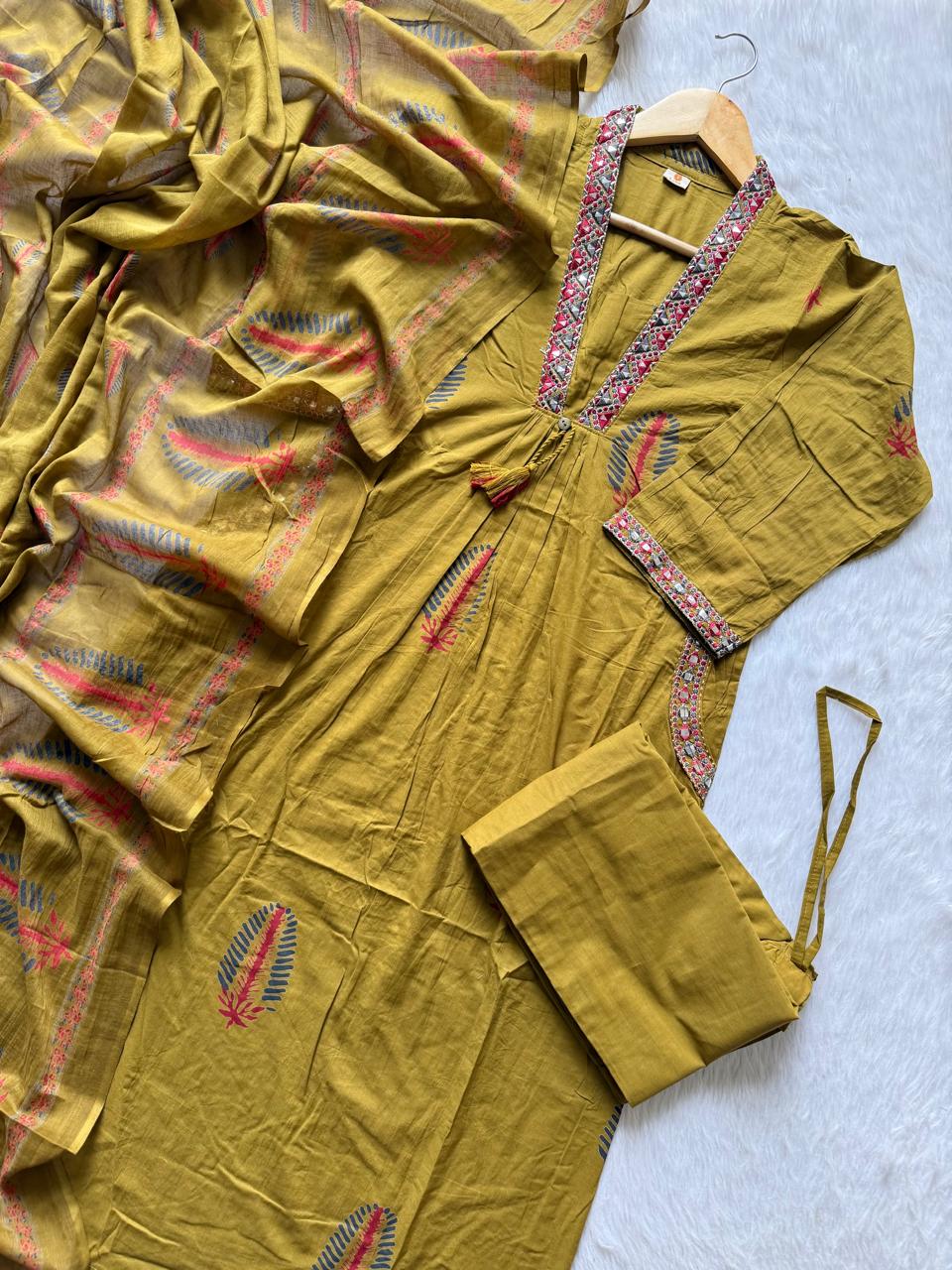 Olive Green Leaf Printed Mul Cotton Kurta Set with Mirror Work Neckline, Pants & Dupatta