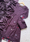Deep Purple Floral Embroidered Umbrella Cut Mul Cotton Kurta Set with Pintucks, Pants & Dupatta