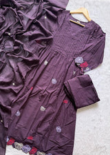 Deep Purple Floral Embroidered Umbrella Cut Mul Cotton Kurta Set with Pintucks, Pants & Dupatta