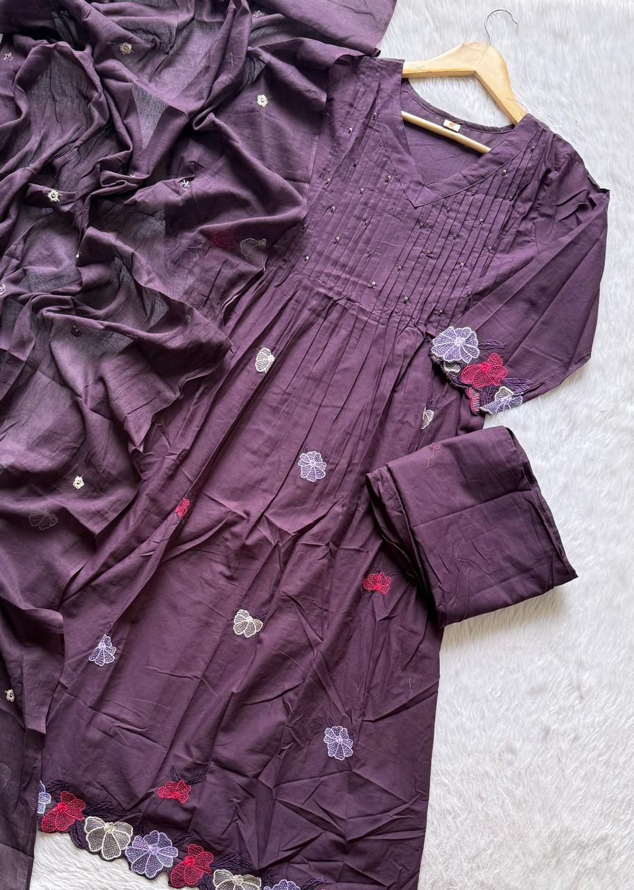 Deep Purple Floral Embroidered Umbrella Cut Mul Cotton Kurta Set with Pintucks, Pants & Dupatta