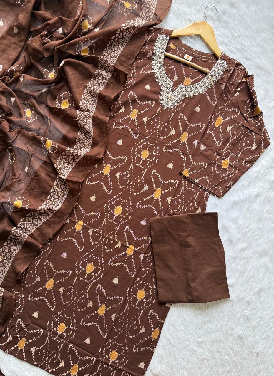 Chocolate Brown Ikat Print Mul Cotton Kurta Set with Embroidered Neckline, Pants & Dupatta