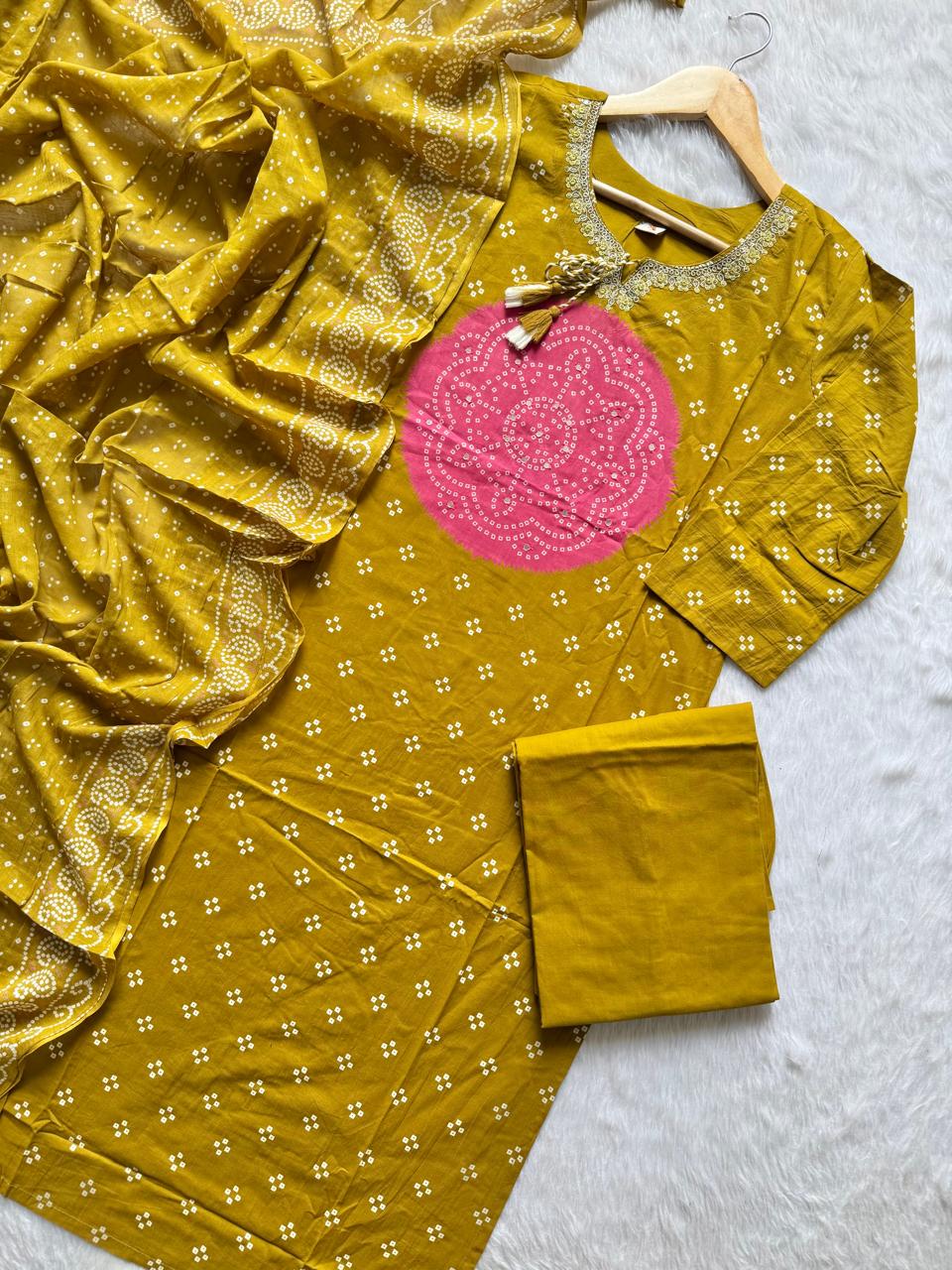 Mustard Yellow Bandhani Print Mul Cotton Kurta Set with Neckline Embroidery, Pants & Dupatta