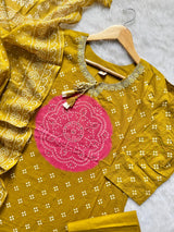 Mustard Yellow Bandhani Print Mul Cotton Kurta Set with Neckline Embroidery, Pants & Dupatta