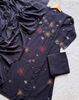 Midnight Black Floral Embroidered Mul Cotton Kurta Set with Cutwork Sleeves, Trousers & Dupatta