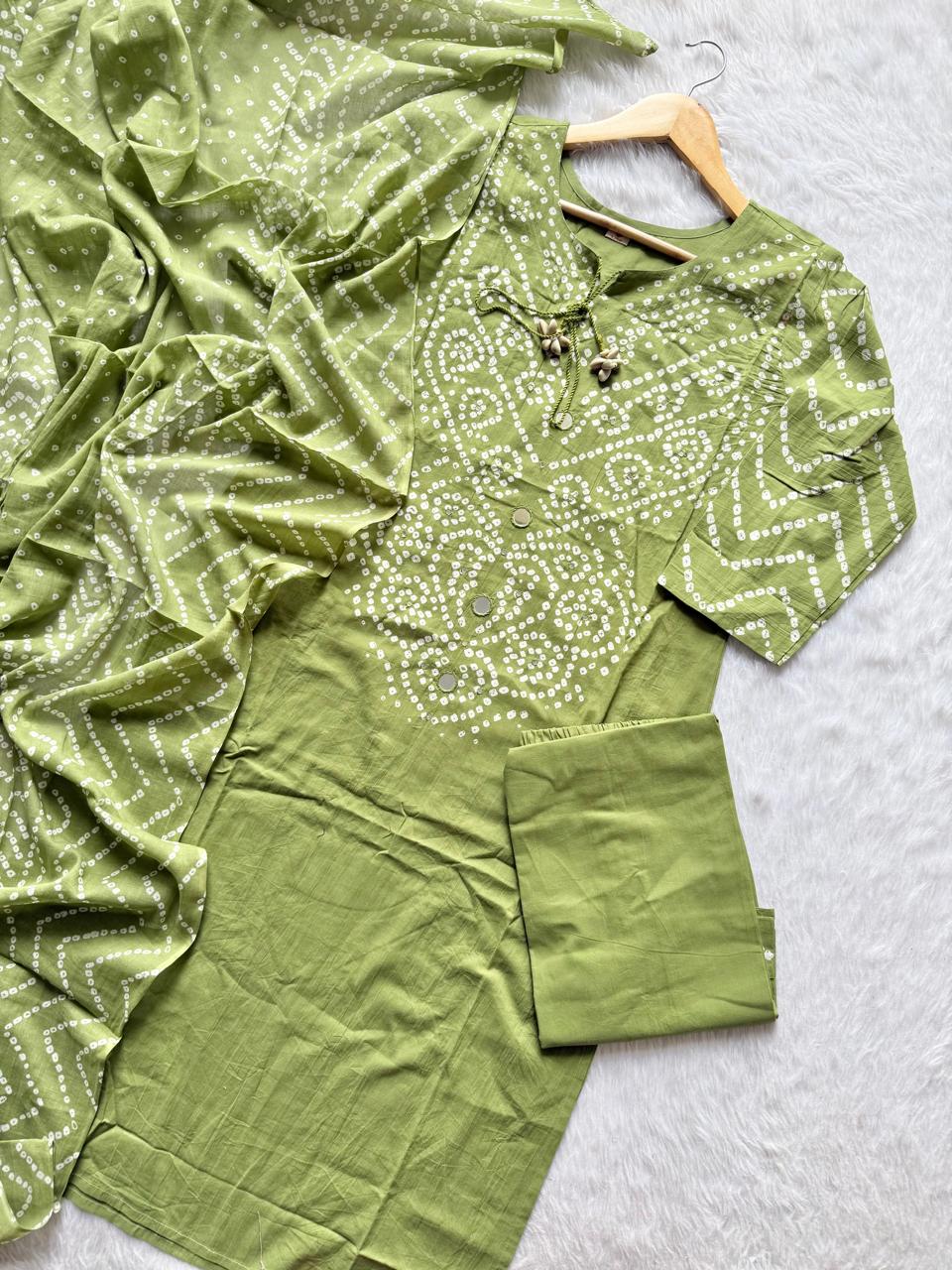 Lime Green Bandhej Print Mul Cotton Kurta Set with Mirror Accent Yoke, Shell Tassels, Pants & Dupatta