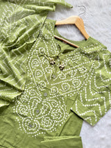 Lime Green Bandhej Print Mul Cotton Kurta Set with Mirror Accent Yoke, Shell Tassels, Pants & Dupatta