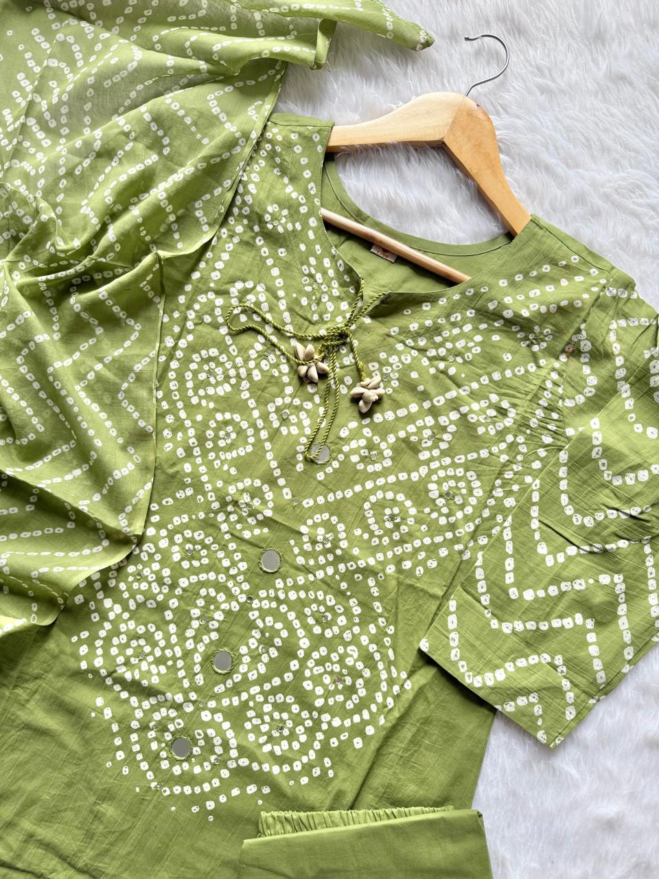 Lime Green Bandhej Print Mul Cotton Kurta Set with Mirror Accent Yoke, Shell Tassels, Pants & Dupatta
