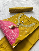 Mustard Yellow Bandhani Print Mul Cotton Kurta Set with Neckline Embroidery, Pants & Dupatta