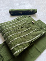 Olive Green Printed Cotton A-Line Kurti Set with Embroidered Pintucks Yoke, Palazzo Pants & Dupatta