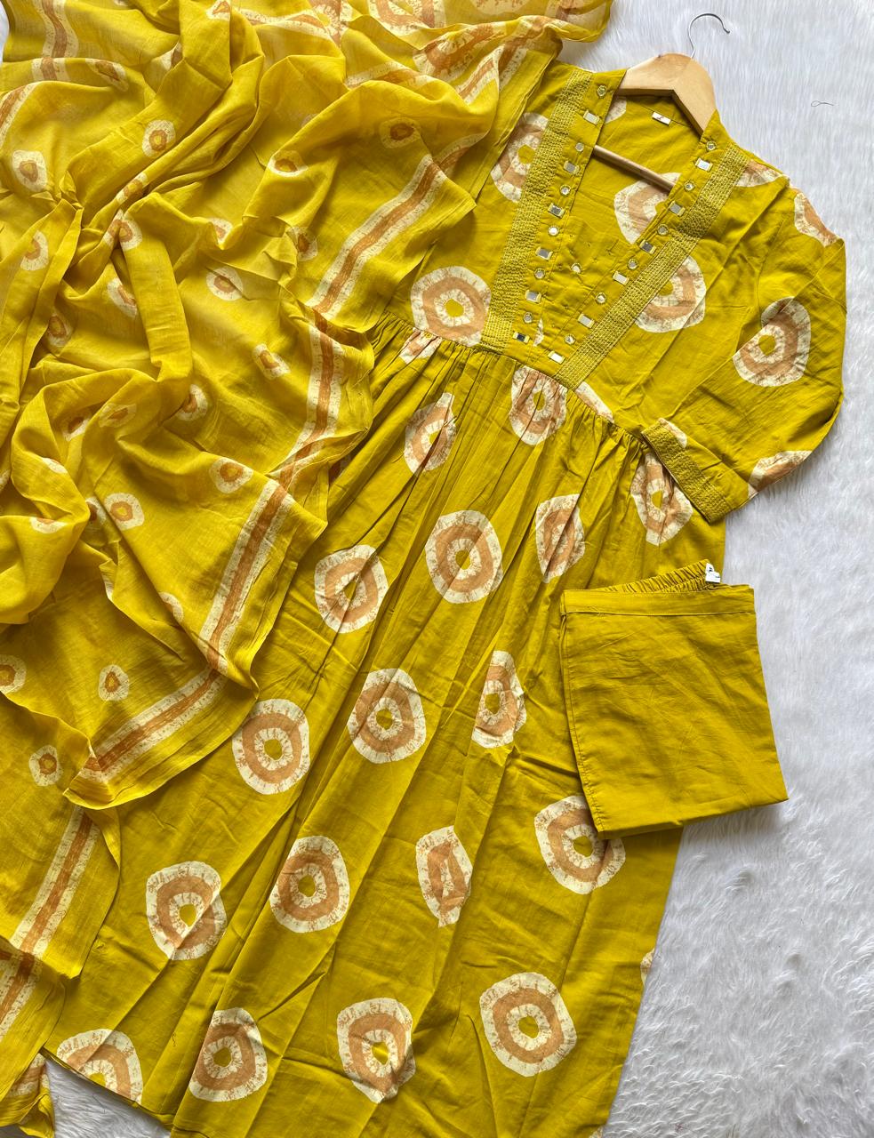 Yellow Shibori Print Cotton Anarkali Kurta Set with Mirror Work Neckline, Trousers & Dupatta
