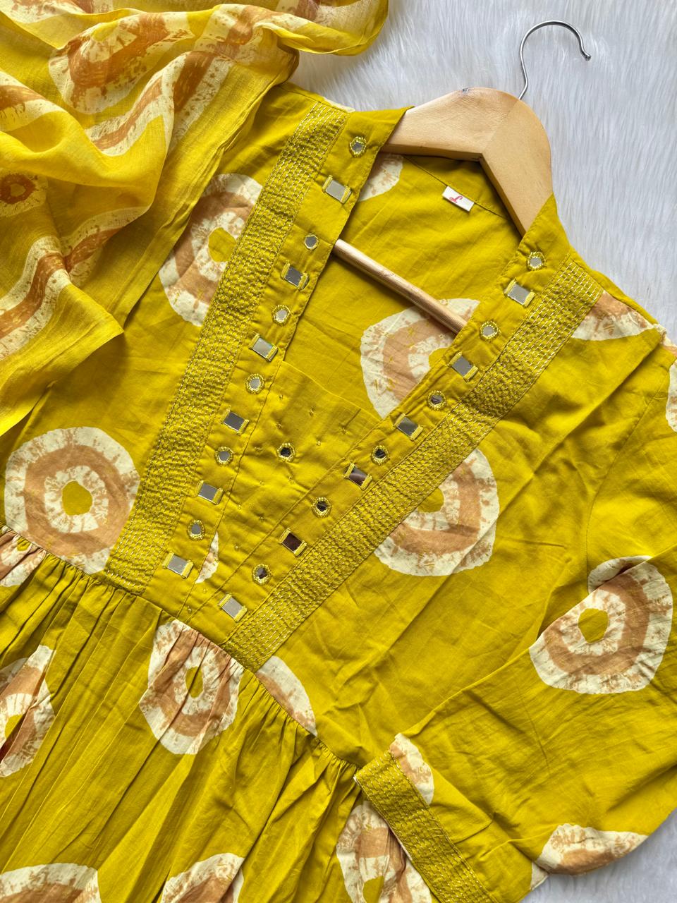 Yellow Shibori Print Cotton Anarkali Kurta Set with Mirror Work Neckline, Trousers & Dupatta