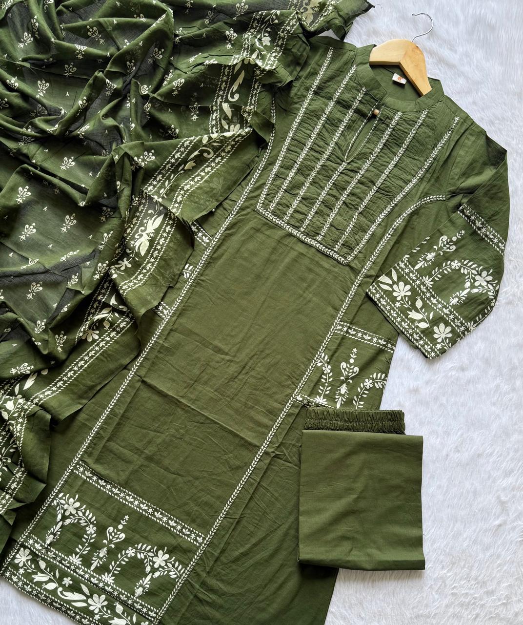 Olive Green Printed Cotton A-Line Kurti Set with Embroidered Pintucks Yoke, Palazzo Pants & Dupatta