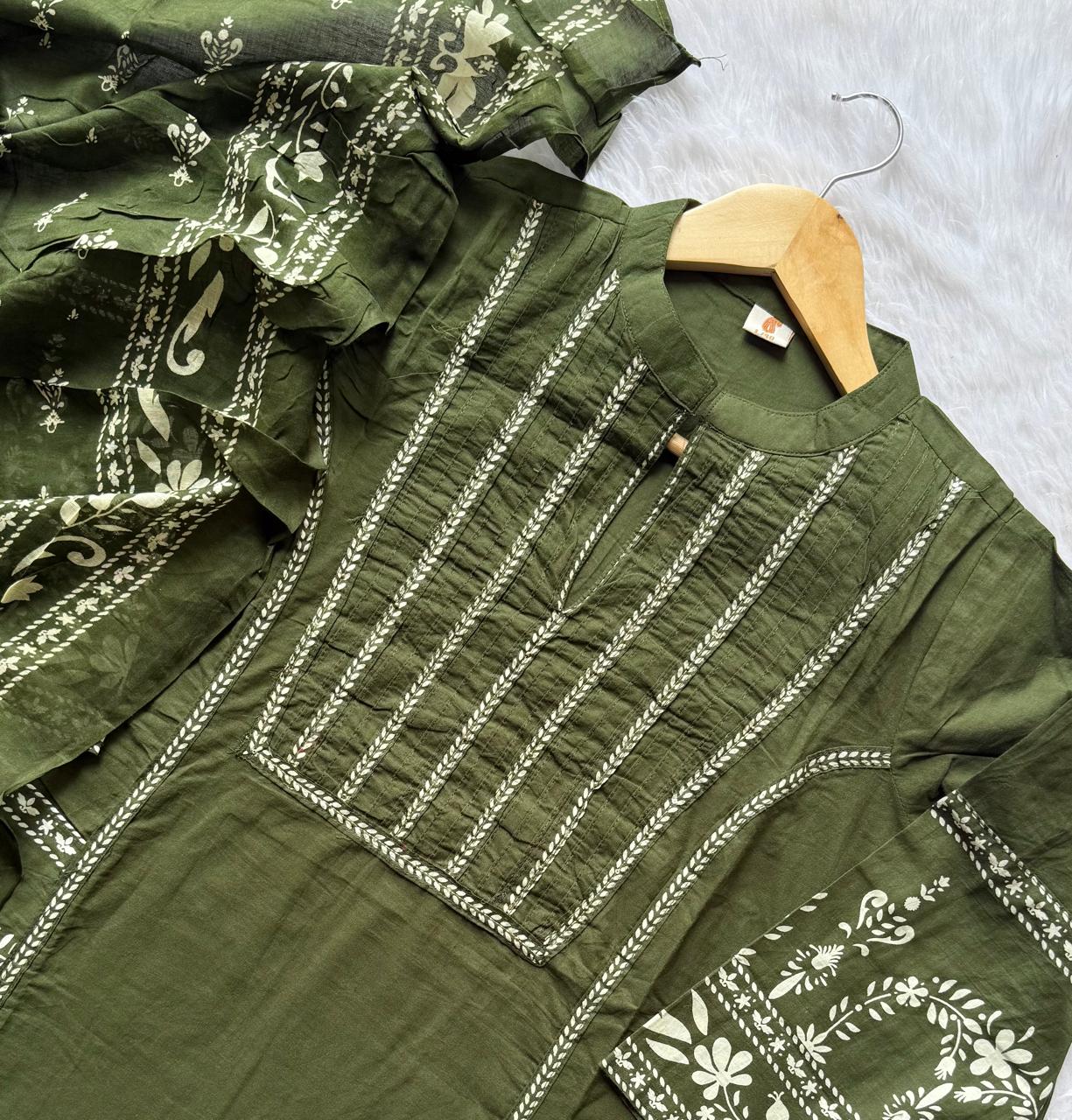 Olive Green Printed Cotton A-Line Kurti Set with Embroidered Pintucks Yoke, Palazzo Pants & Dupatta