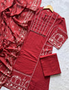 Maroon Red Printed Cotton A-Line Kurti Set with Embroidery, Pintucks Yoke, Palazzo Pants & Dupatta