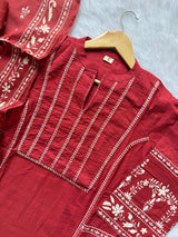 Maroon Red Printed Cotton A-Line Kurti Set with Embroidery, Pintucks Yoke, Palazzo Pants & Dupatta