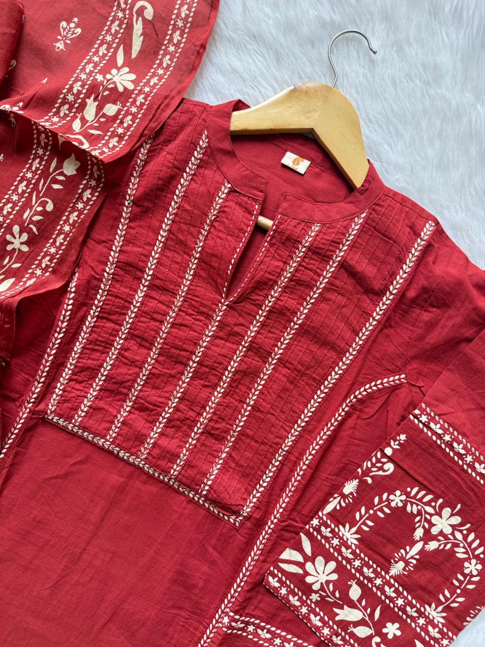 Maroon Red Printed Cotton A-Line Kurti Set with Embroidery, Pintucks Yoke, Palazzo Pants & Dupatta