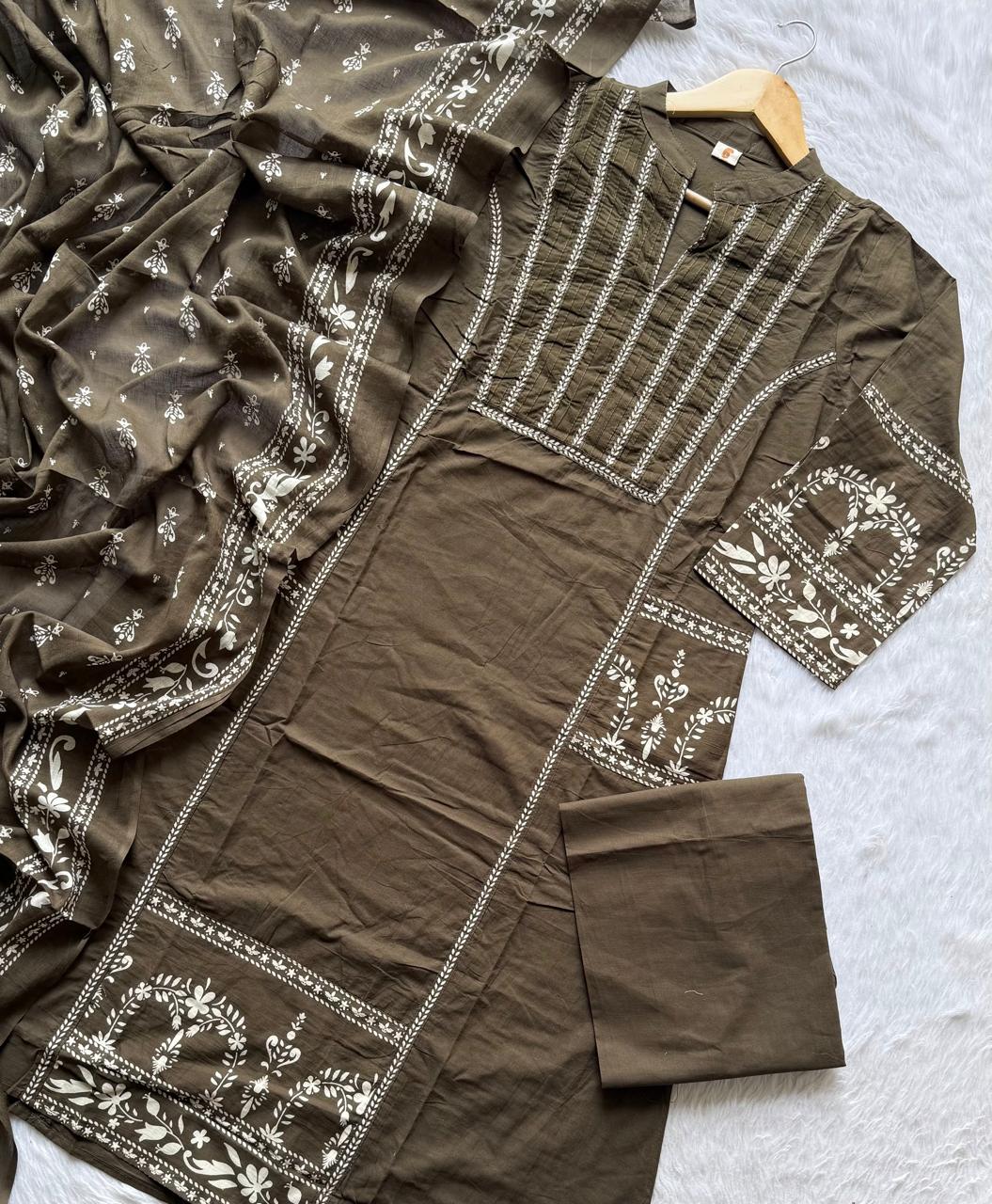 Dark Brown Printed Cotton A-Line Kurti Set with Embroidered Pintucks Yoke, Palazzo Pants & Dupatta