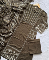 Dark Brown Printed Cotton A-Line Kurti Set with Embroidered Pintucks Yoke, Palazzo Pants & Dupatta