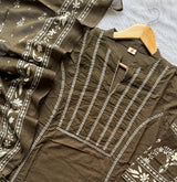Dark Brown Printed Cotton A-Line Kurti Set with Embroidered Pintucks Yoke, Palazzo Pants & Dupatta