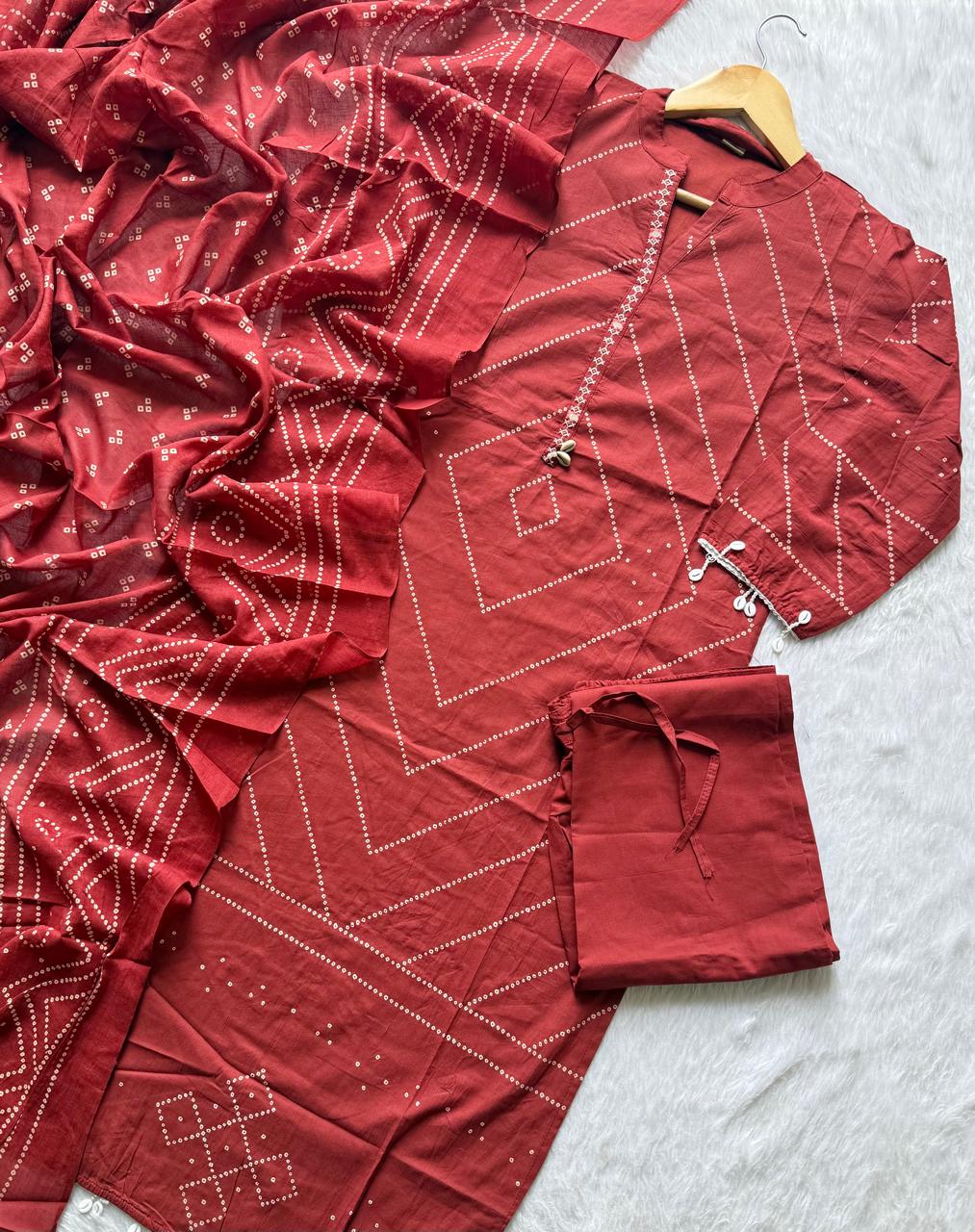 Brick Red Bandhani Print Mul Cotton Kurta Set with Mirror Work Placket, Trousers & Dupatta