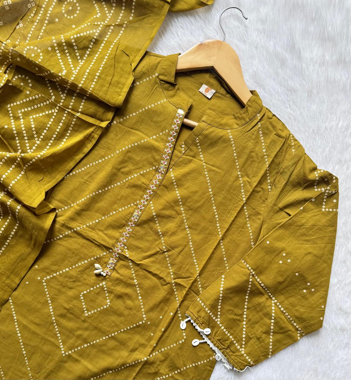 Mustard Yellow Bandhani Print Mul Cotton Kurta Set with Mirror Work Placket, Trousers & Dupatta