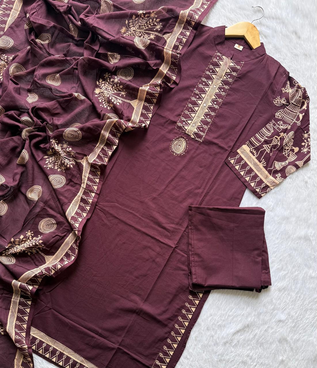 Wine Warli Folk Art Printed Mul Cotton Kurta Set with Mirror Work Yoke, Pants & Dupatta