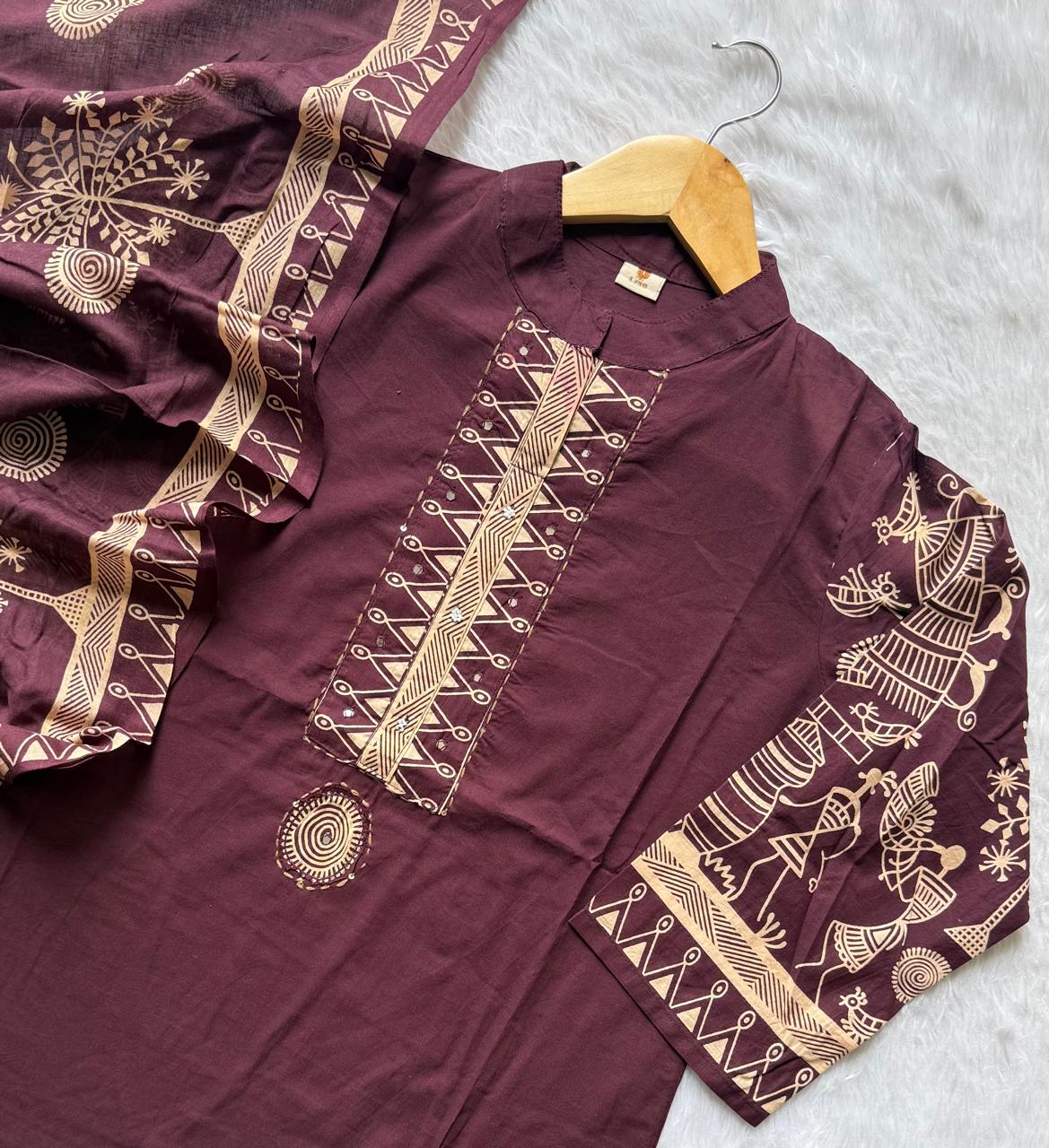 Wine Warli Folk Art Printed Mul Cotton Kurta Set with Mirror Work Yoke, Pants & Dupatta
