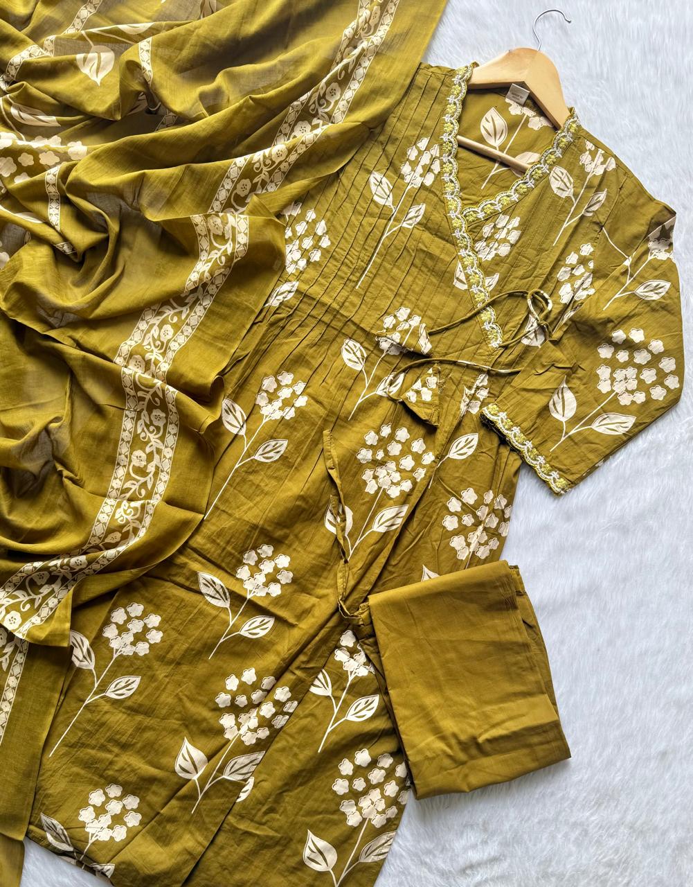Mustard Yellow Angrakha Style Floral Printed Cotton Kurti Set with Embroidered V-Neck, Pants & Dupatta