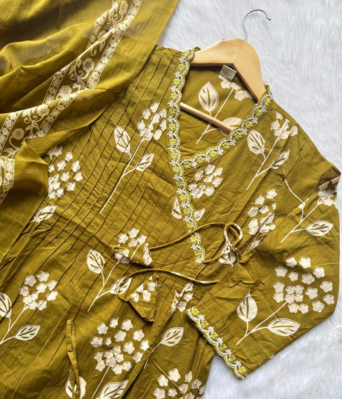 Mustard Yellow Angrakha Style Floral Printed Cotton Kurti Set with Embroidered V-Neck, Pants & Dupatta