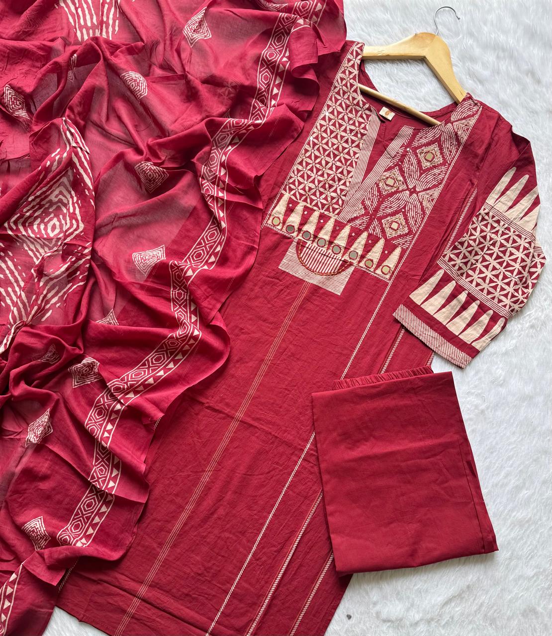 Maroon Red Geometric Printed Mul Cotton Kurti Set with Embroidered Mirror Yoke, Wide-Leg Palazzo Pants & Dupatta