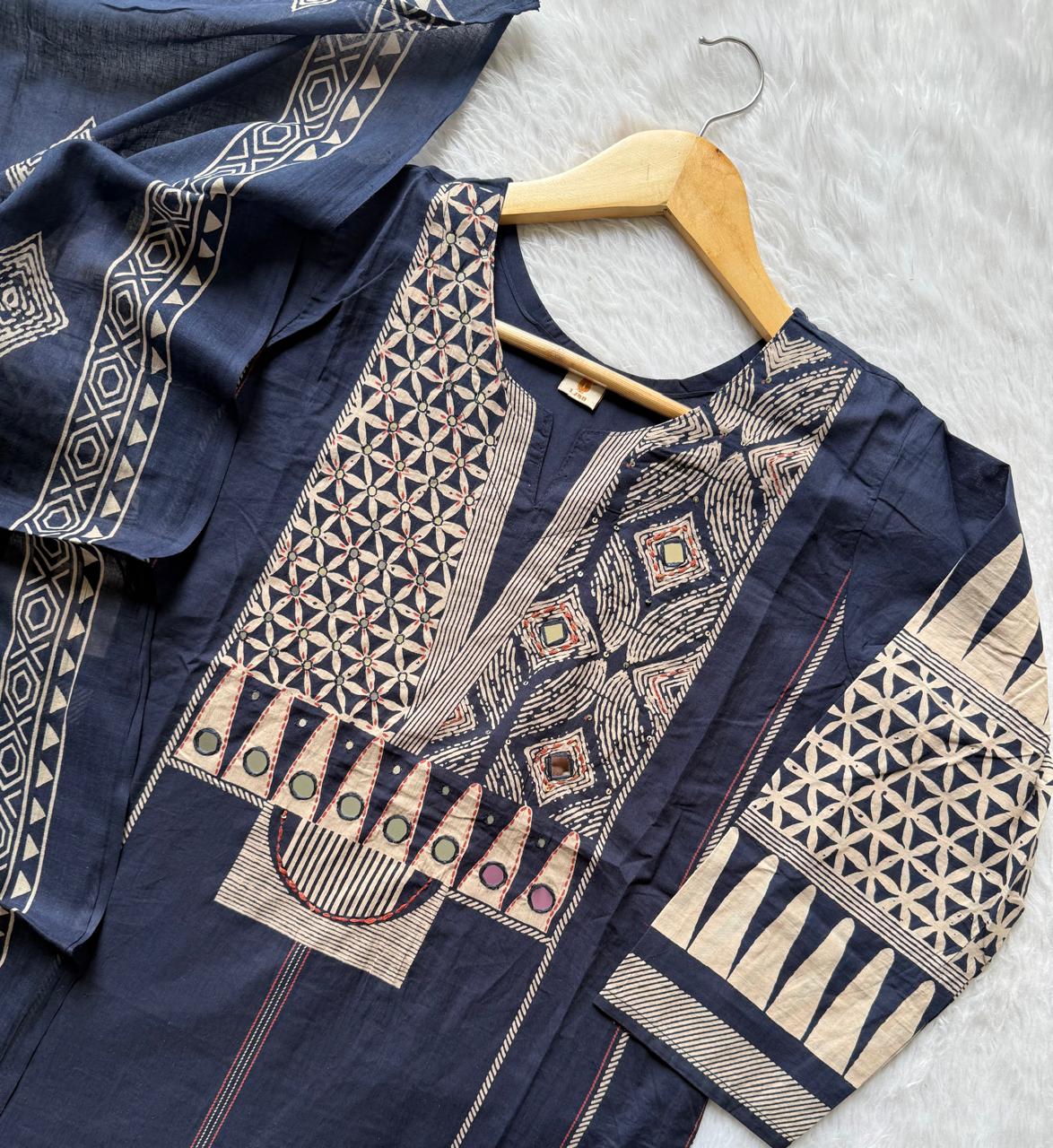 Navy Blue Geometric Printed Mul Cotton Kurti Set with Mirror Work Yoke, Wide-Leg Palazzo Pants & Dupatta