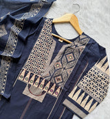 Navy Blue Geometric Printed Mul Cotton Kurti Set with Mirror Work Yoke, Wide-Leg Palazzo Pants & Dupatta