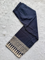 Navy Blue Geometric Printed Mul Cotton Kurti Set with Mirror Work Yoke, Wide-Leg Palazzo Pants & Dupatta
