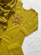 Olive Green Appliqué Work Cotton Kurti Pant Dupatta Set