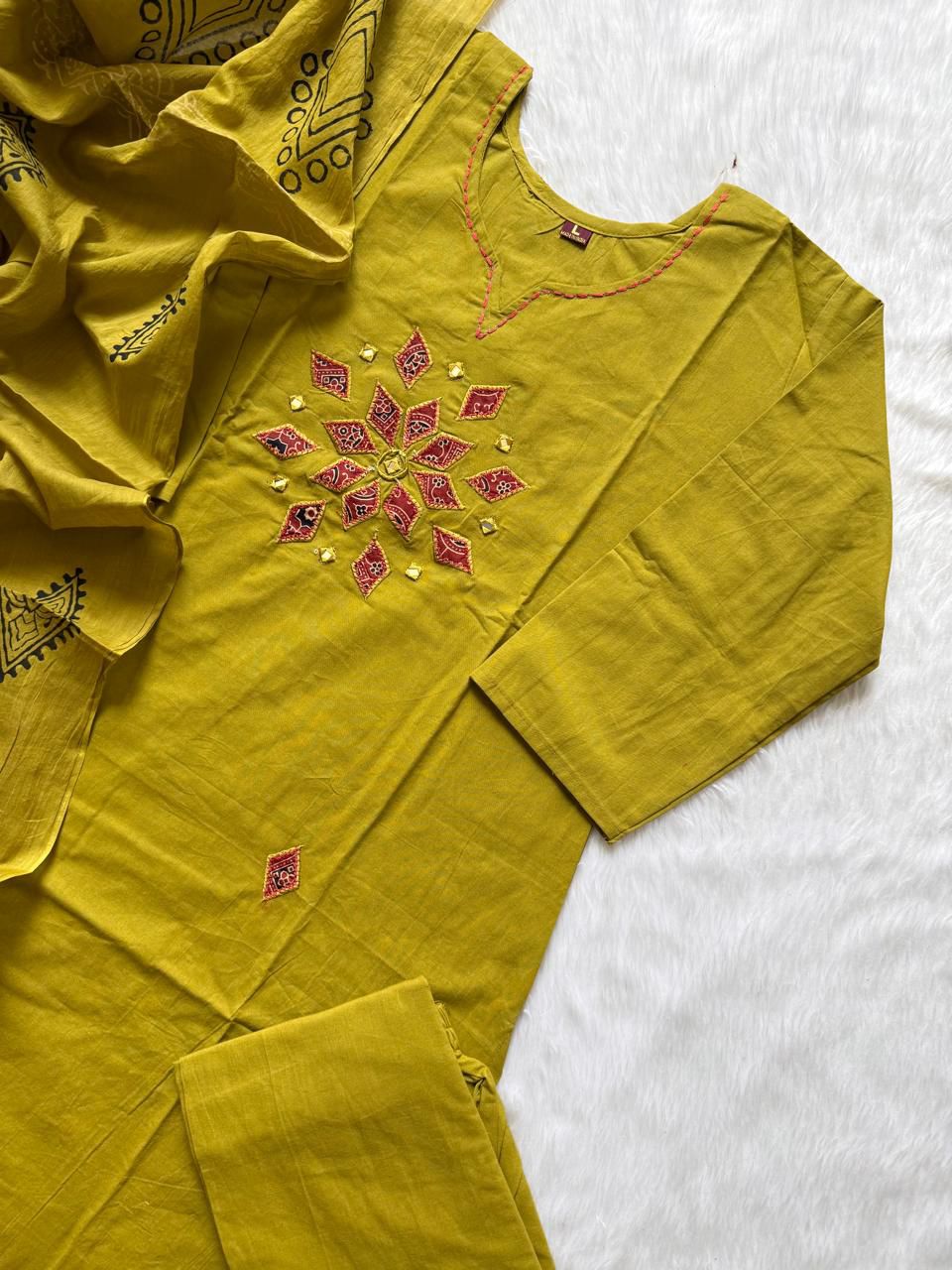 Olive Green Appliqué Work Cotton Kurti Pant Dupatta Set