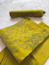 Mustard Green Embroidered Cotton Kurti Pant Dupatta Set