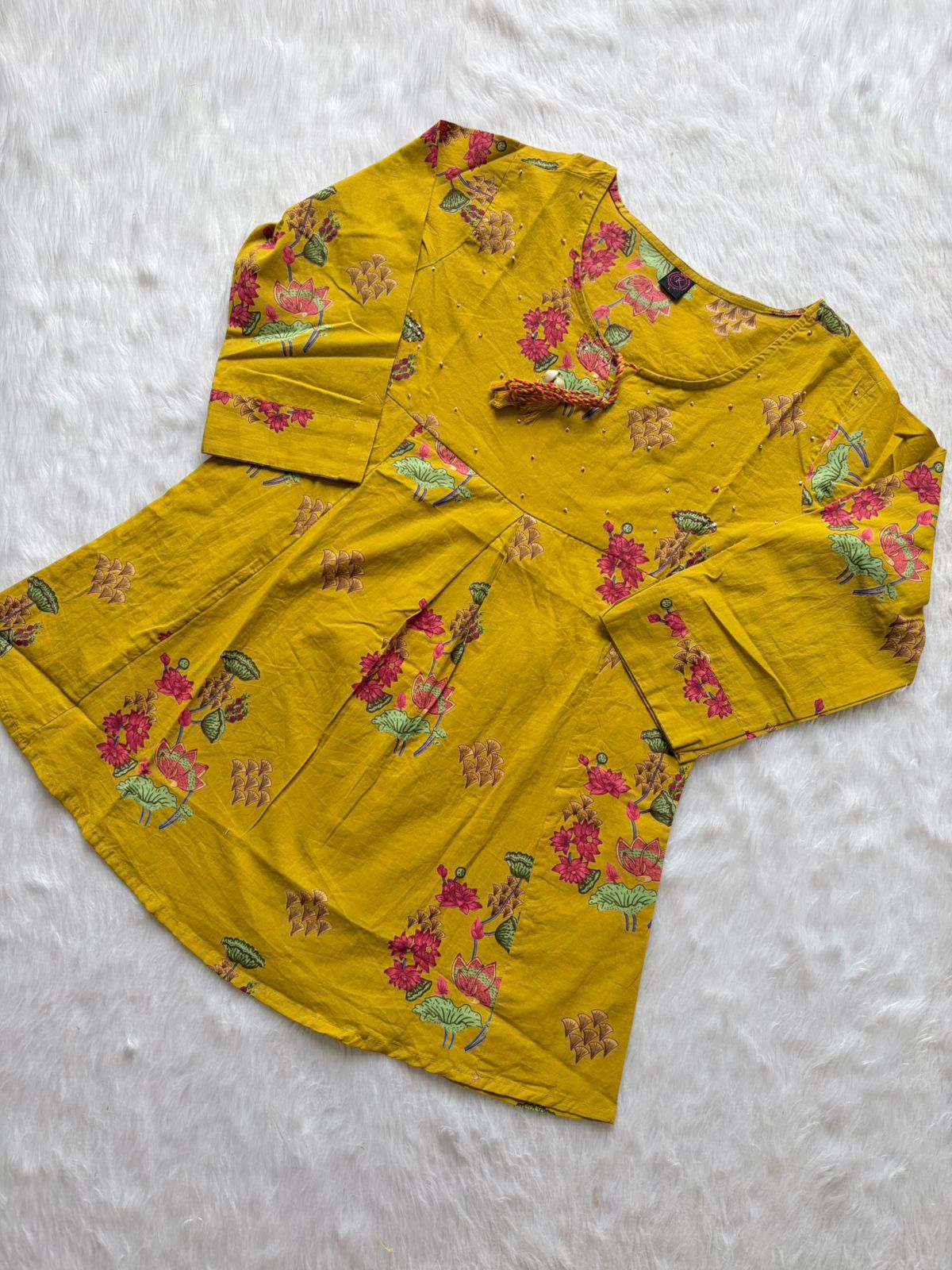 Mustard Floral Printed Short Kurti Co-Ord Set with Embroidered Pants
