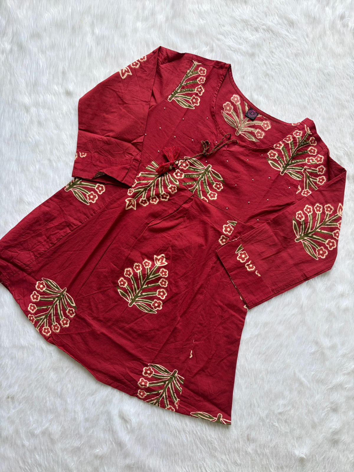 Maroon Floral Printed Short Kurti Co-Ord Set with Embroidered Pants