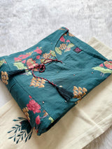 Dark Teal Floral Printed Cotton Blend Short Kurti & Pant Co-Ord Set