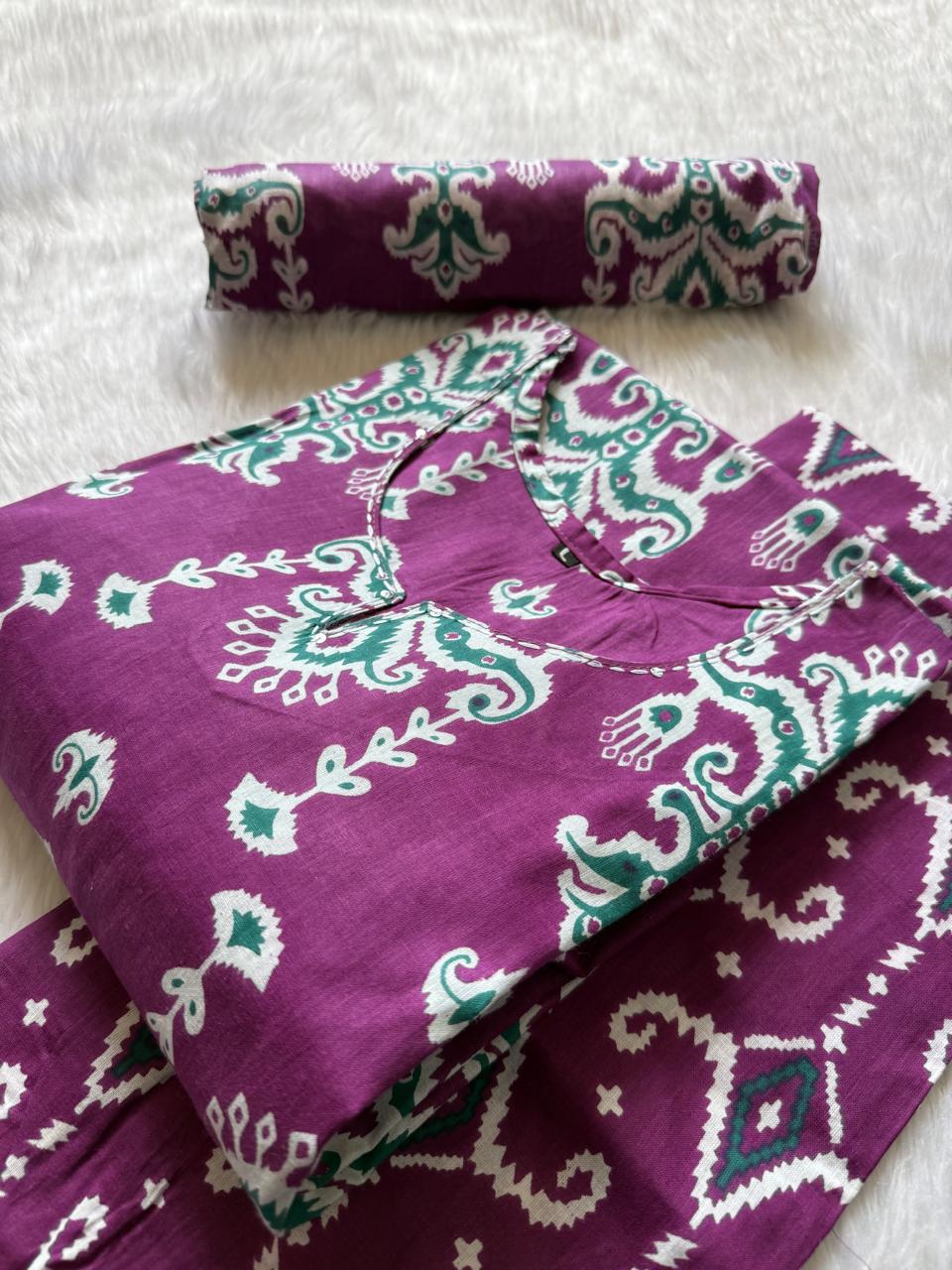 Purple Printed Cotton Kurti Pant & Dupatta Set