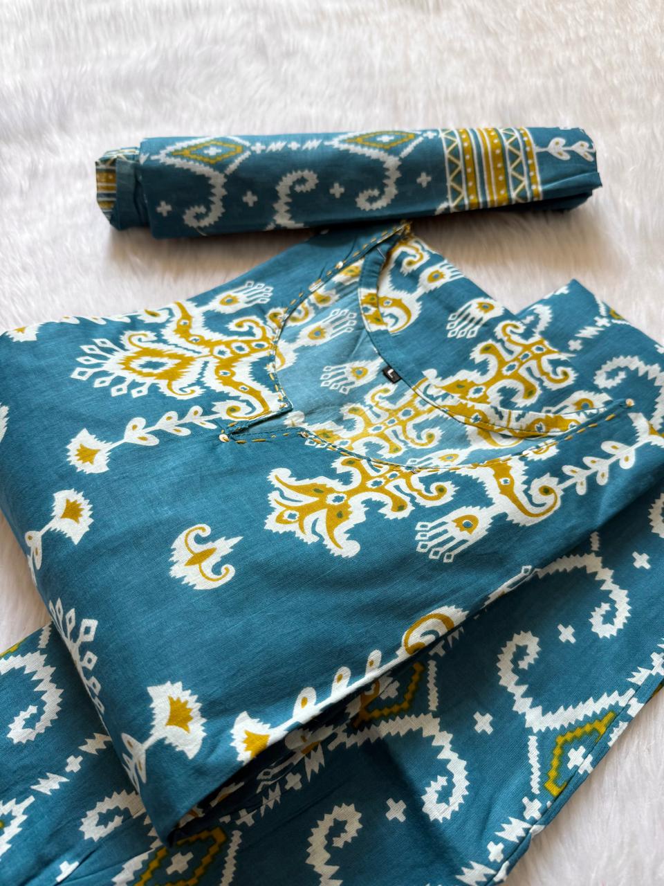 Teal Blue Printed Cotton Kurti Pant & Dupatta Set