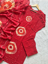 Red Bandhej Print Cotton Kurti Palazzo & Dupatta Set