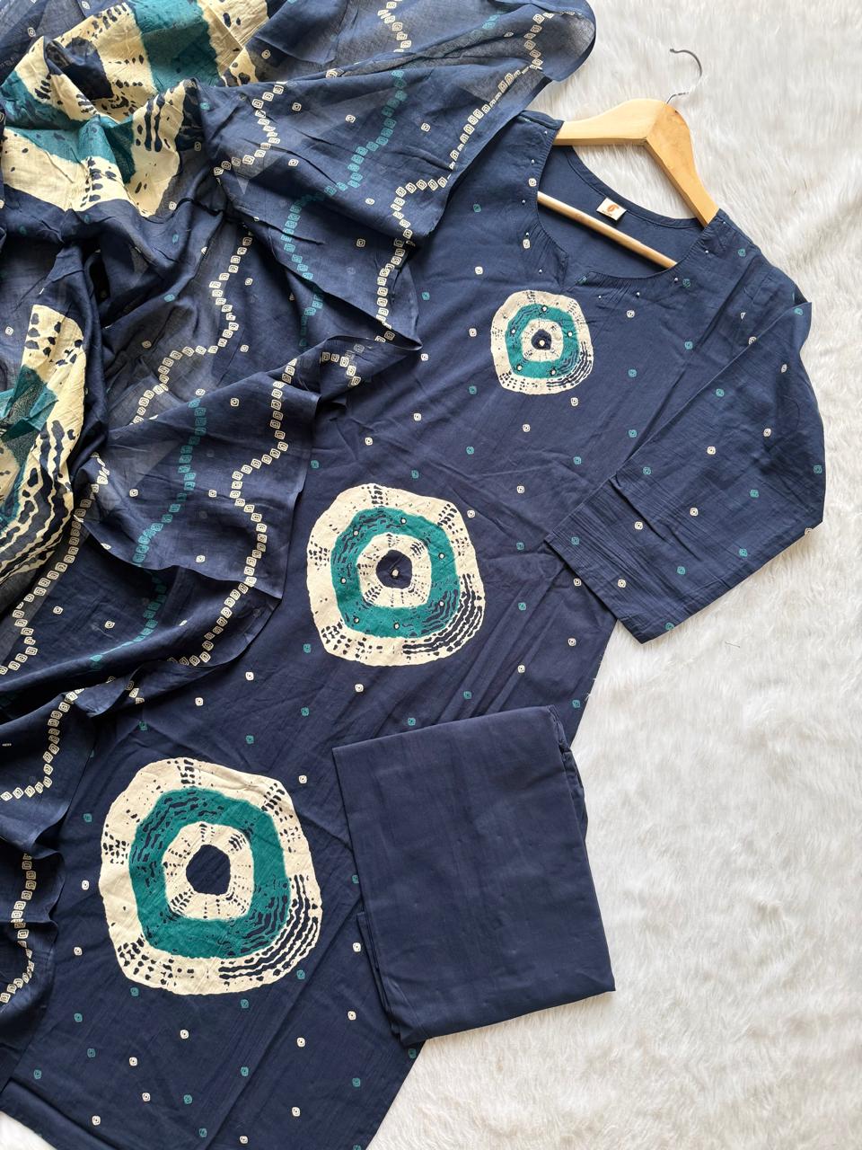 Navy Blue Bandhej Print Cotton KurtiPalazzo & Dupatta Set