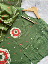 Green Bandhej Print Cotton Kurti Palazzo & Dupatta Set